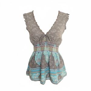 Y2K Babydoll‎ Boho Cottage Lace Trim Smocked Waist Floral Top Brown Blue S